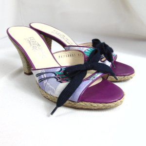 Salvatore Ferragamo Purple Butterfly Print Slide Heel Sandals Size 7 B